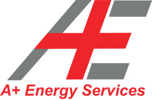 New Hampshire Logo showing large, stylized red and gray letters “AE” above the text “A+ Energy Services” in red on a white background. Marketing Agency